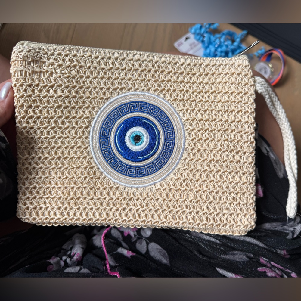 Beige Woven Wristlet with Blue Embroidered Eye Motif